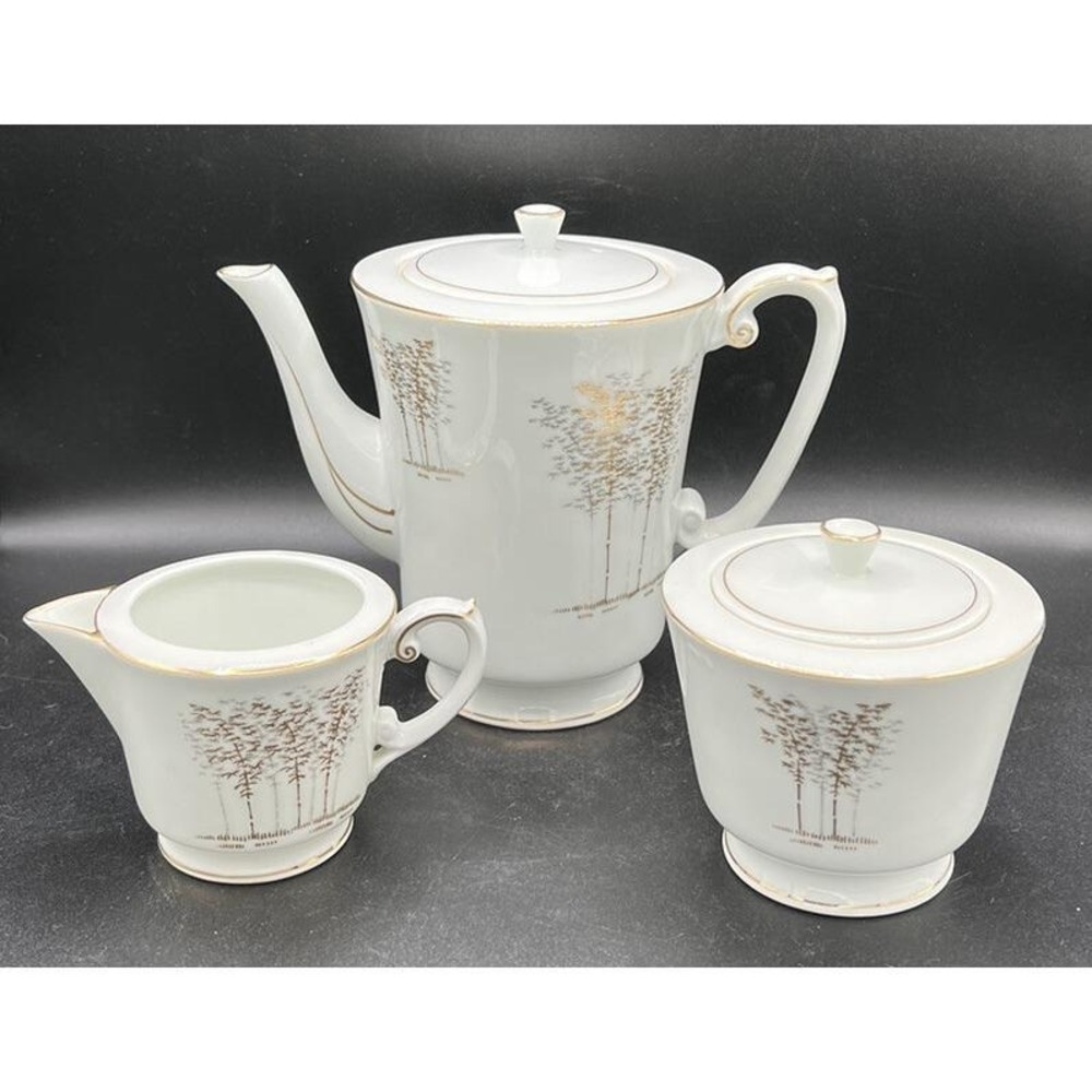 Fukagawa Arita Japanese Tea Set Hand painted Gold Silver White Gold Trim